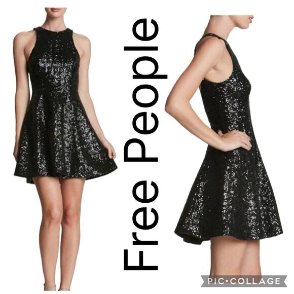 Free People Dresses & Skirts - (C1) Free People black sequined mini dress, flared and lined, women's size XS